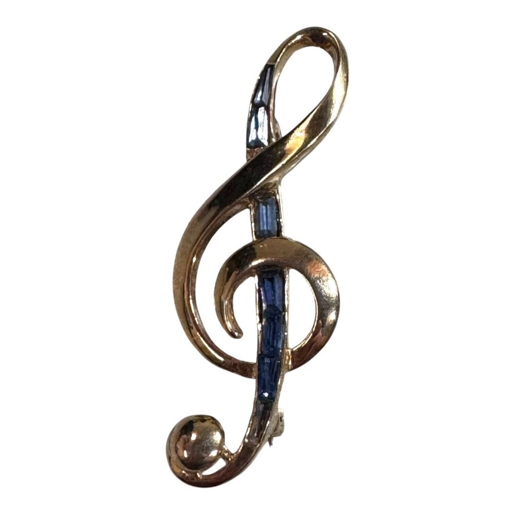 Vintage Boucher Treble Clef Brooch Gold Tone Topaz Blue Stones Signed RARE Music